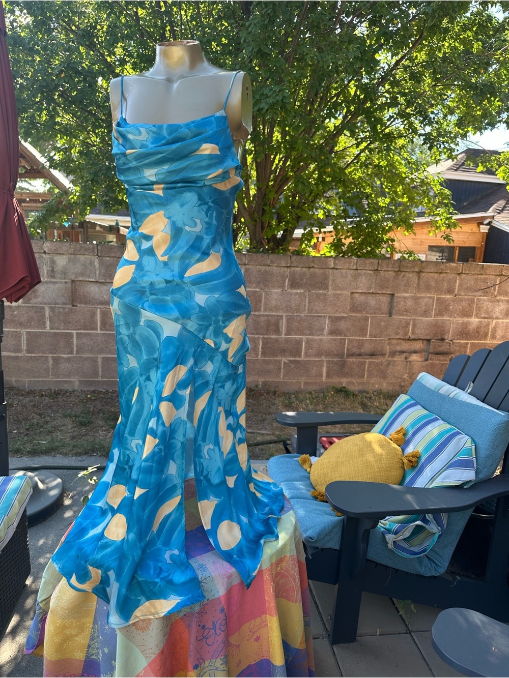Elegant Blue Floral Maxi Dress draping chest line or cowl neck 
Saints & Secrets